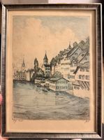 Radierung Zürich Limmat Ansicht gerahmt guter Zustand