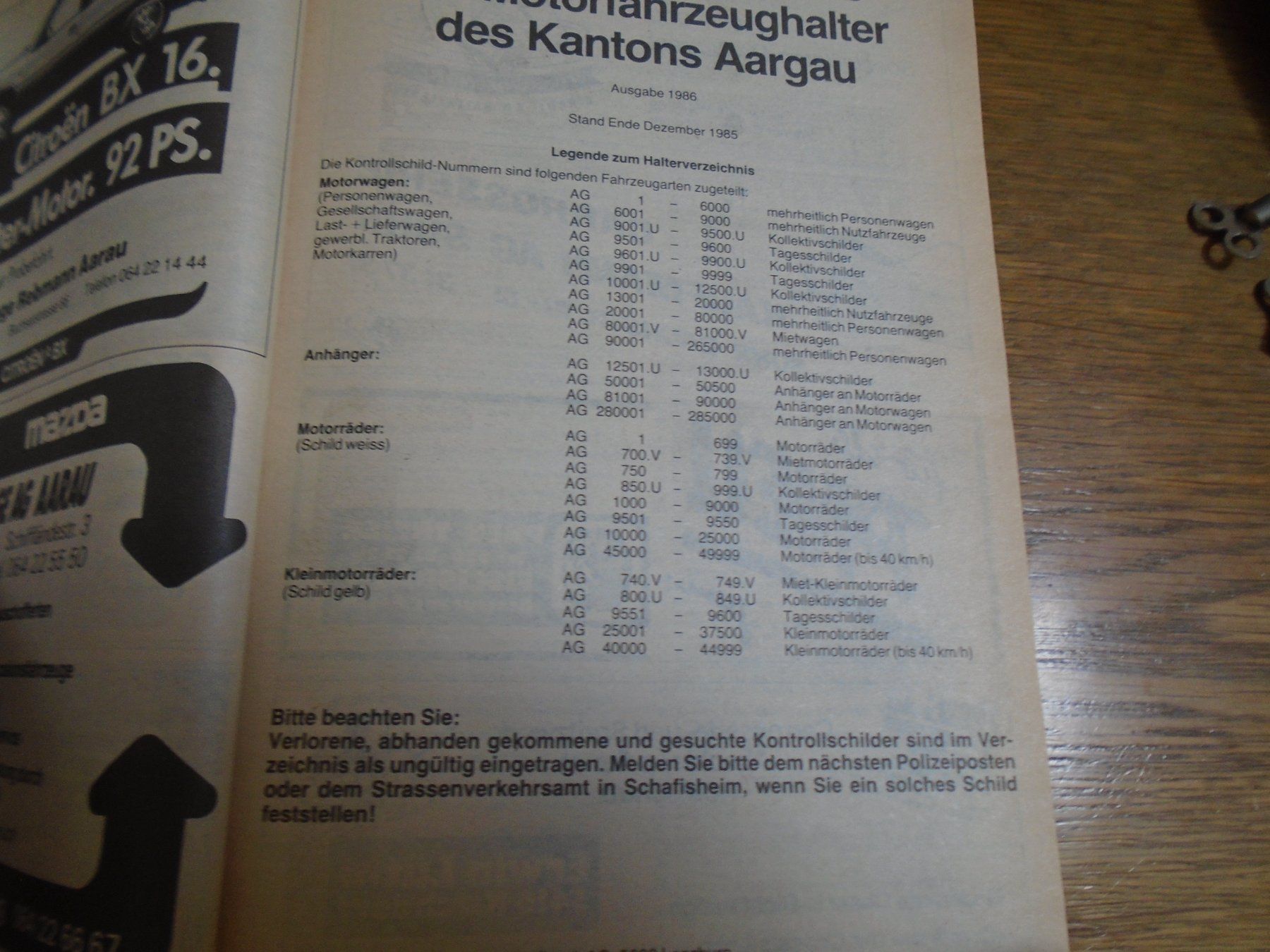 Libri: Autoindex 1986 Aargau – Usato da Niederlenz venduto da Cedros58 1