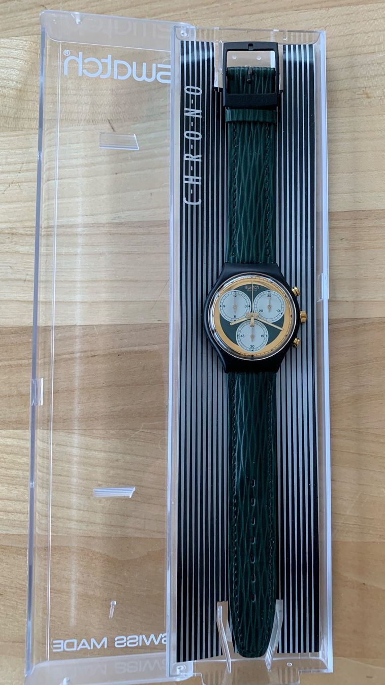 Swatch Orologi: Swatch Chrono gold grün 1992 – Nuovo e nell'imballaggio originale da Zürich venduto da ruedigg 2