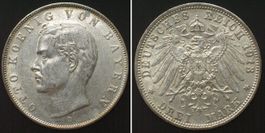 BAYERN 3 Mark 1913 D, OTTO, Silber J.47, ERHALTUNG! vz+