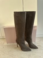 Anna F. Suede Knee High Stiletto Boots, Size 39, Taupe