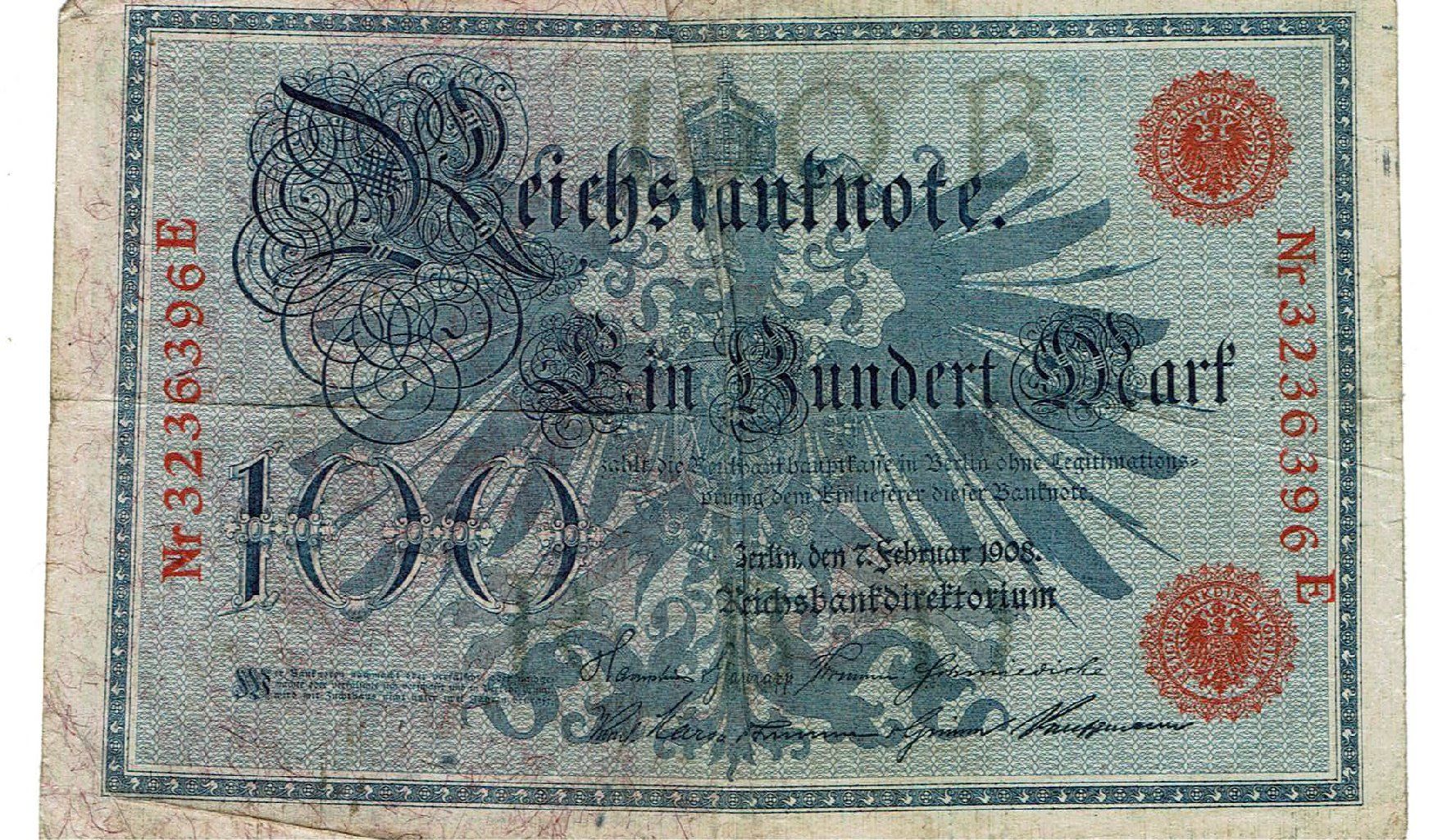 Banconote: Berlin 100 Mark 02.02.1908 SS Nr.3236396E – Usato da Steffisburg venduto da ber_8htf