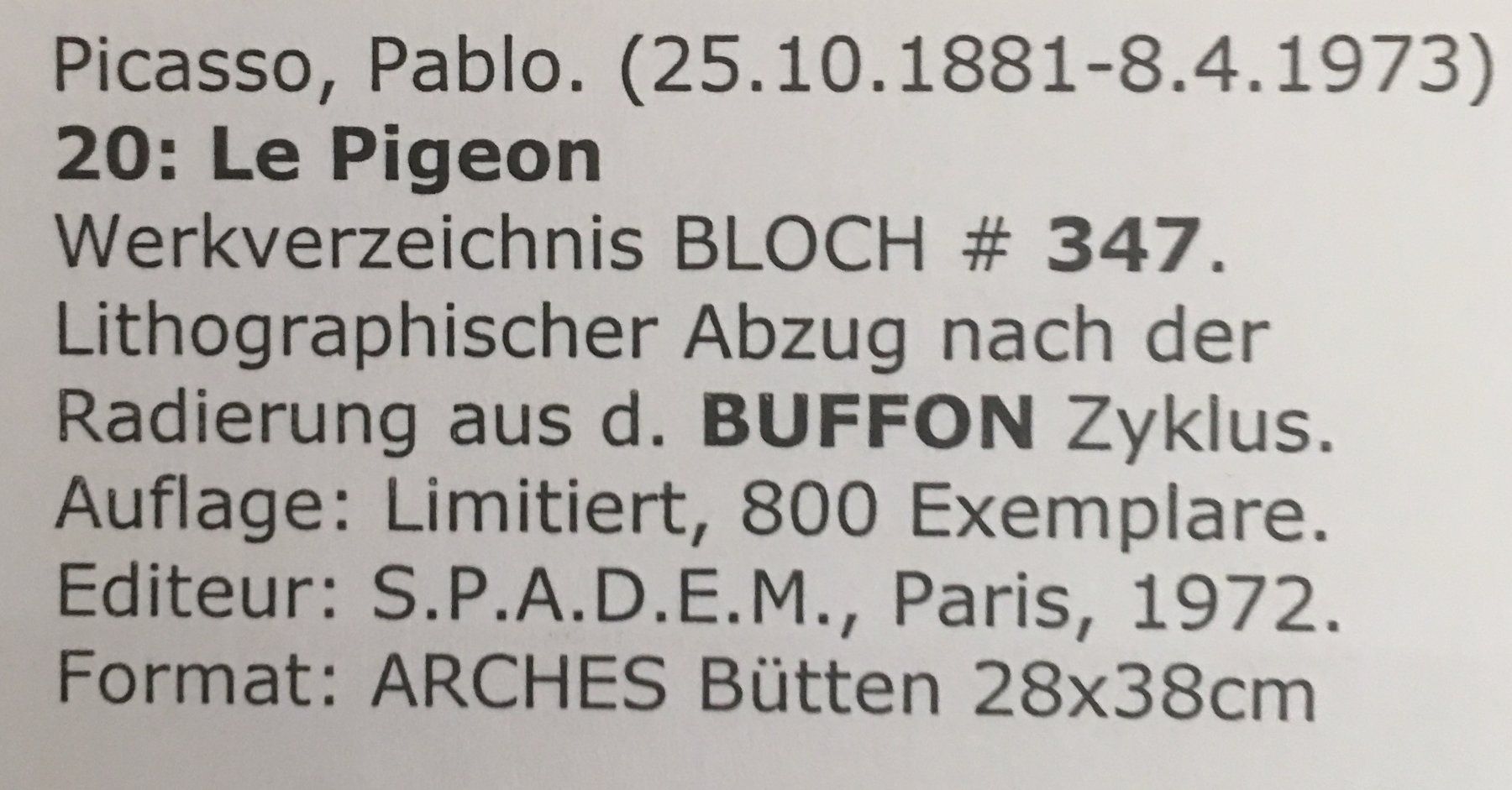 Grafica & Litografie: Pablo Picasso   Buffon  "Le Pigeon" – Usato da Nennigkofen venduto da Sommersonnen 7