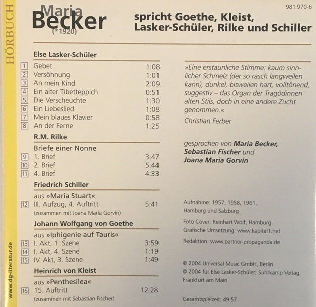 Audiolibri: Maria Becker spricht Goethe, Kleist, Rilke, Schiller... – Usato da Grüningen venduto da azulamarillo 2