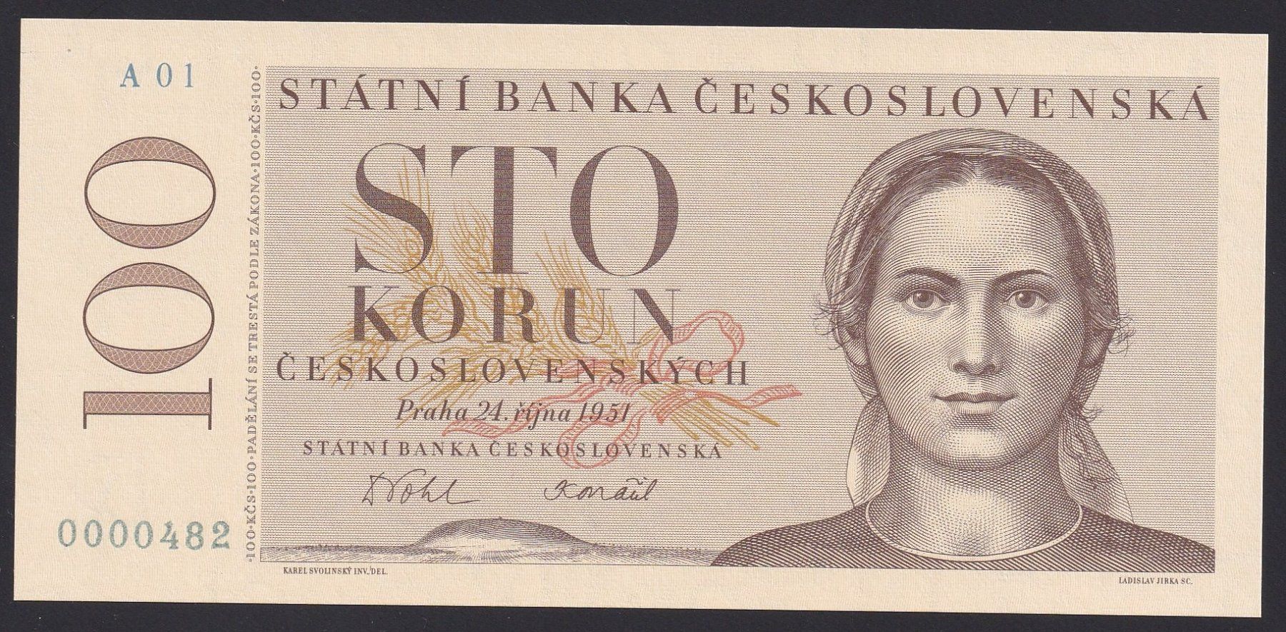 Banknoten: Tschechoslowakei 100 Korun UNC 1951 – Neu (gemäss Beschreibung) aus Naters von Radman