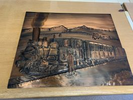 Getriebenes Kupferbild Dampfzug,Schmalspur,Handarbeit,1malig
