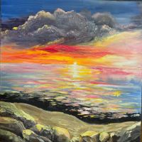 Peinture originale coucher de soleil abstrait 40x40cm nou...
