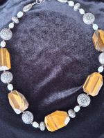 Silber Halskette, Tigerauge mit weissen Süsswasserperlen