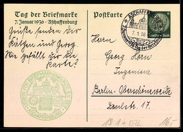 Cancelleria postale: Aschaffenburg, Tag der Briefmarke 7.1.19 – Usato da Berlin venduto da bartko-reher 1
