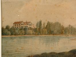 Antike Aquarell Malerei Landschaft Fluss Haus Signiert