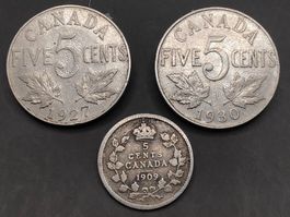 1909 / 1927 / 1930 - Canada 5 Cents (Silber / Nickel)