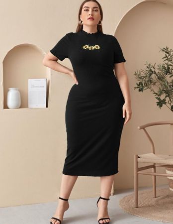 Damen Kleid Schwarz kurzarm mit Blumen Grösse XL neu