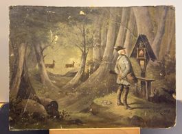 Gemälde, signiert Hermann Volz, Jäger am Wegkreuz.