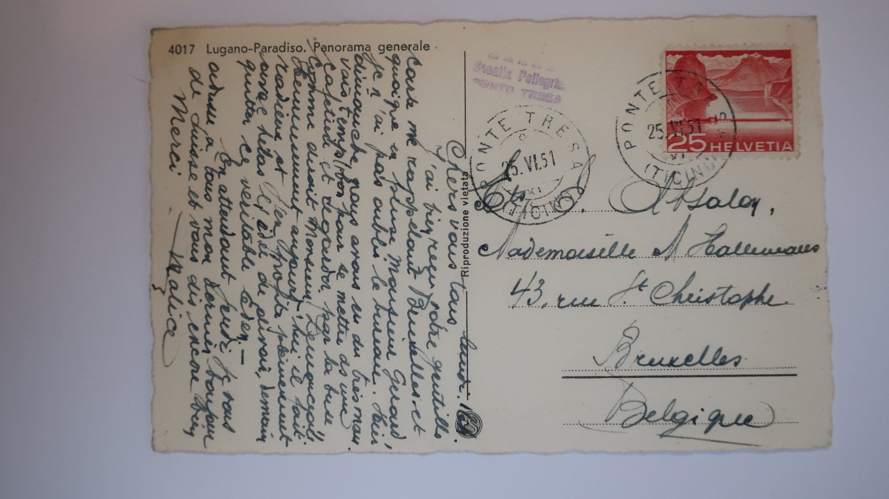 Ansichtskarten: Lugano Paradiso Panorama generale  1951 – Gebraucht aus Cormoret von Pascalll2001 2