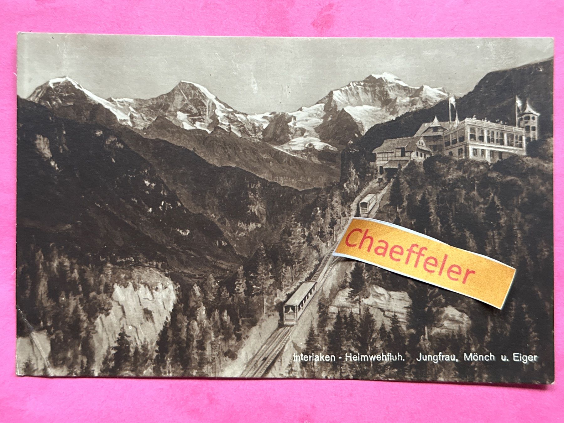Cartoline postali: Interlaken - Heimwehfluh. Eiger Mönch und Jungfrau – Usato da Zürich venduto da Chaeffeler