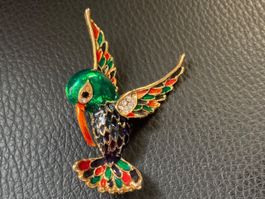 Broche colibri vintage émaillée et strass - superbe!