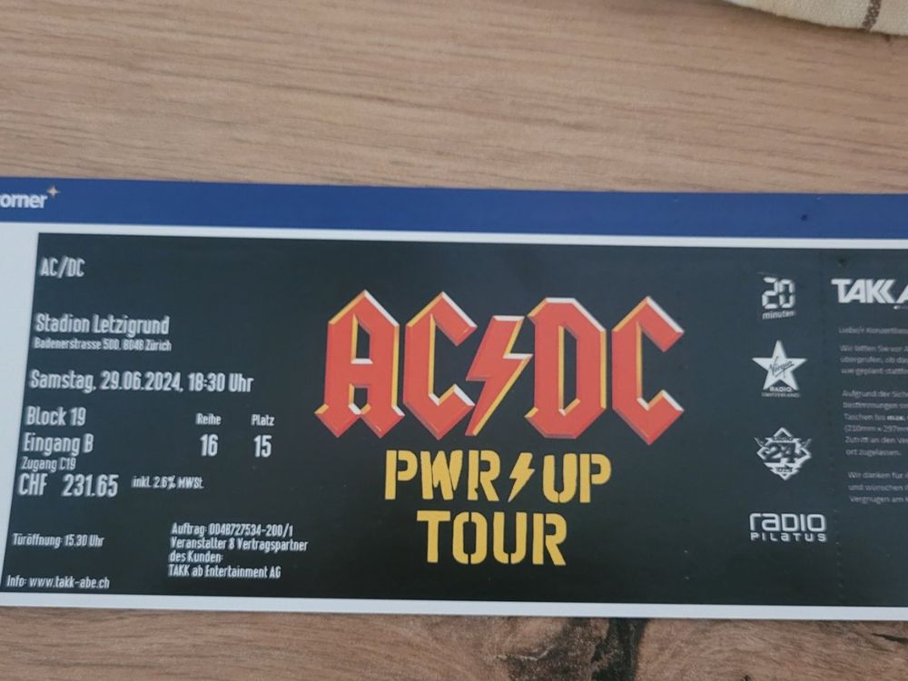 AC/DC Ticket, SITZPLATZ, 29.06.24, Zürich (Neu und originalverpackt) in ...