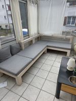 Salon d'angle modulable en bois massif, coussins gris