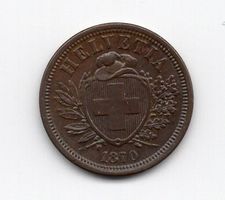 (941) Schweiz, 2 Rappen, 1870, top stgl