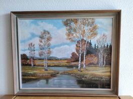 Herbstliches Ölgemälde "Birken am See" signiert, Top!