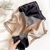 New 53cm Real Silk Scarf Beige Black Tricolor Stripes S94
