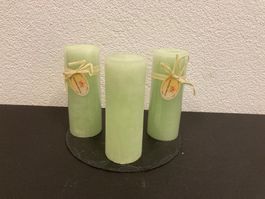 Kerzen 3er Set, je 6,8x18 cm, linden-grün Raureif, je 550g