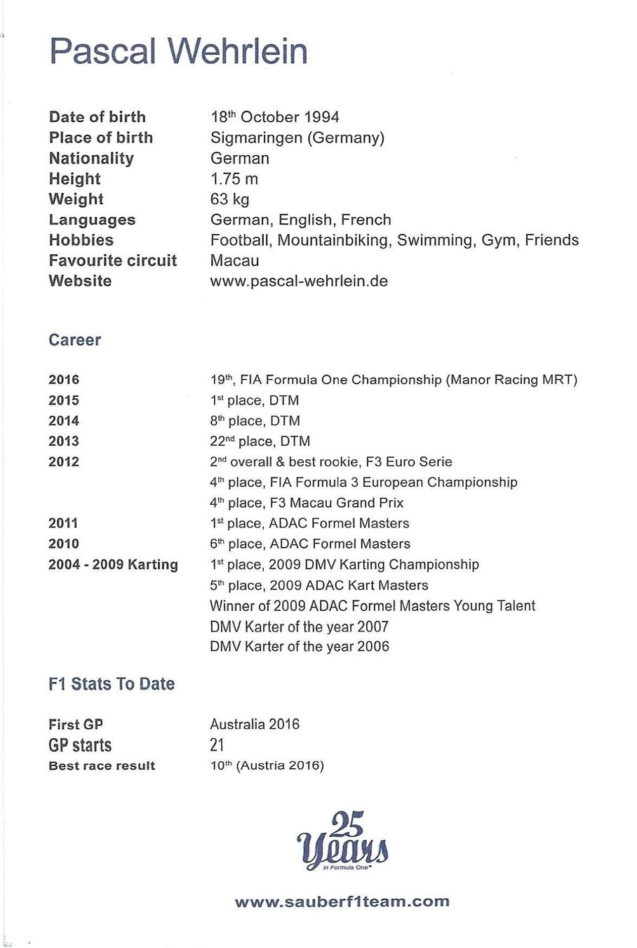 Autografi: Pascal Wehrlein, Formel 1 – Usato da Aarburg venduto da Hktm 1