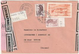 R-Brief von Paris nach Zürich, mit AR (Avis de Réception)