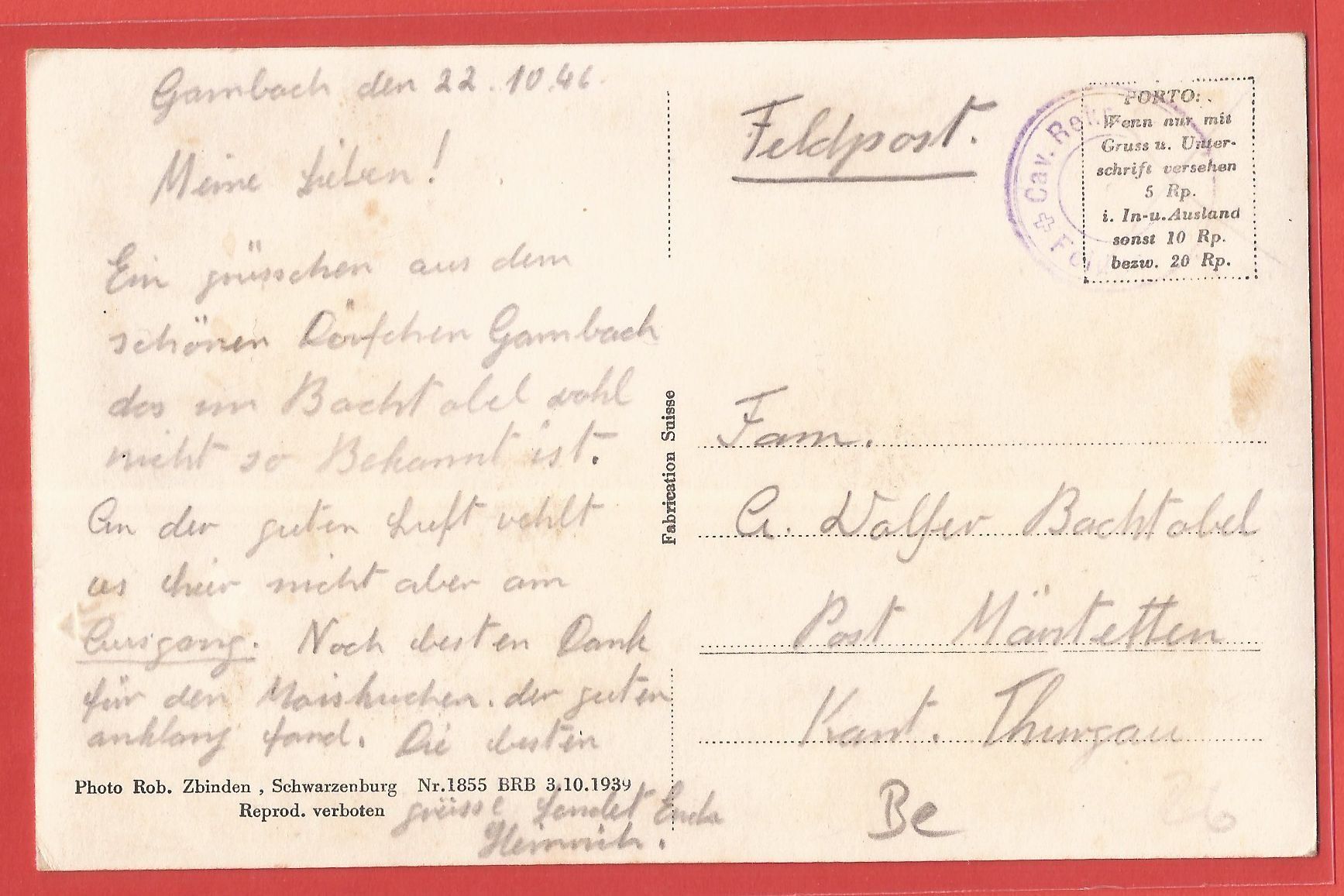 Ansichtskarten: Gambach bei Rüschegg - 1946 – Gebraucht aus Fislisbach von Porano 1