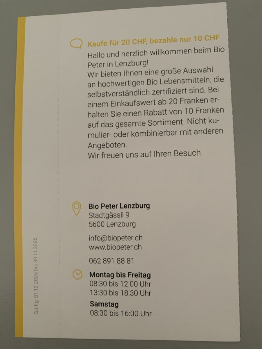 Buoni: Gutschein Bio Peter Lenzburg – Nuovo e nell'imballaggio originale da Attelwil venduto da TaraLee 1