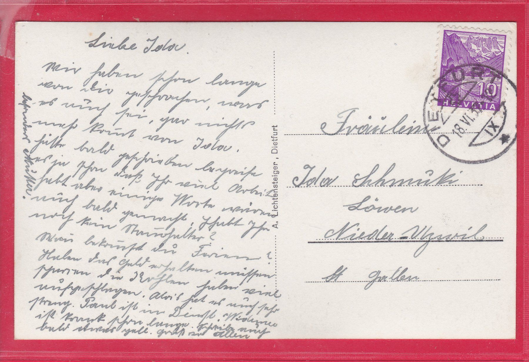 Cartoline postali: DIETFURT, 18.6.1937 – Usato da Oberrieden venduto da Gebirgsstelze 1