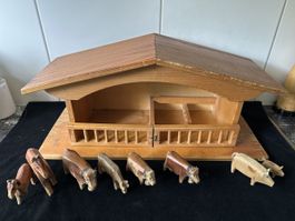 Holzspielzeug Bauernhof mit Tieren, Vintage Deko Stall 