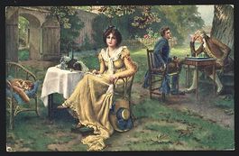 Männer spielen im Garten Schach, Dame m
