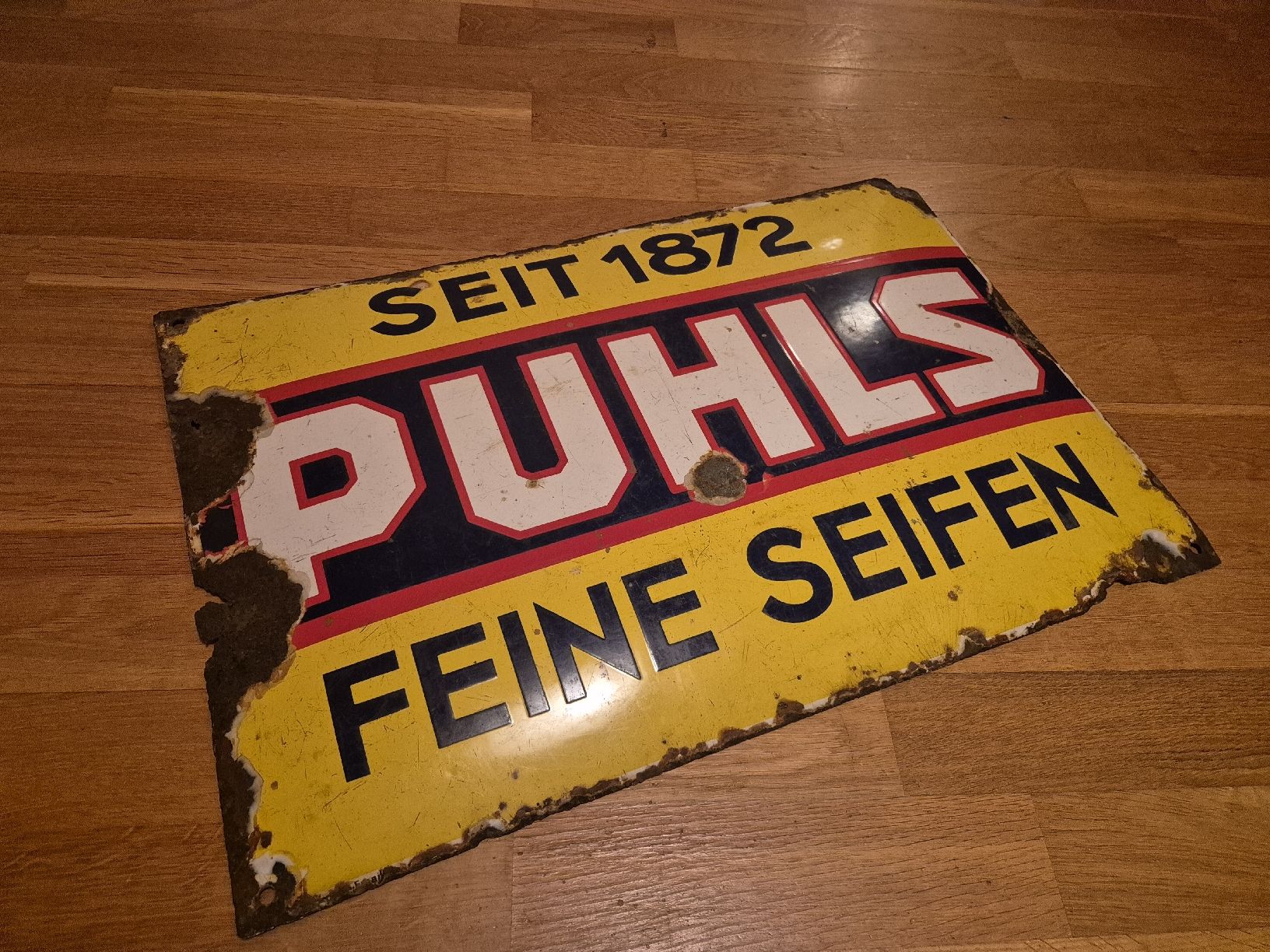 Insegne: Emailschild Puhls feine Seifen seit 1872 – Usato da Hitzkirch venduto da VintageForst
