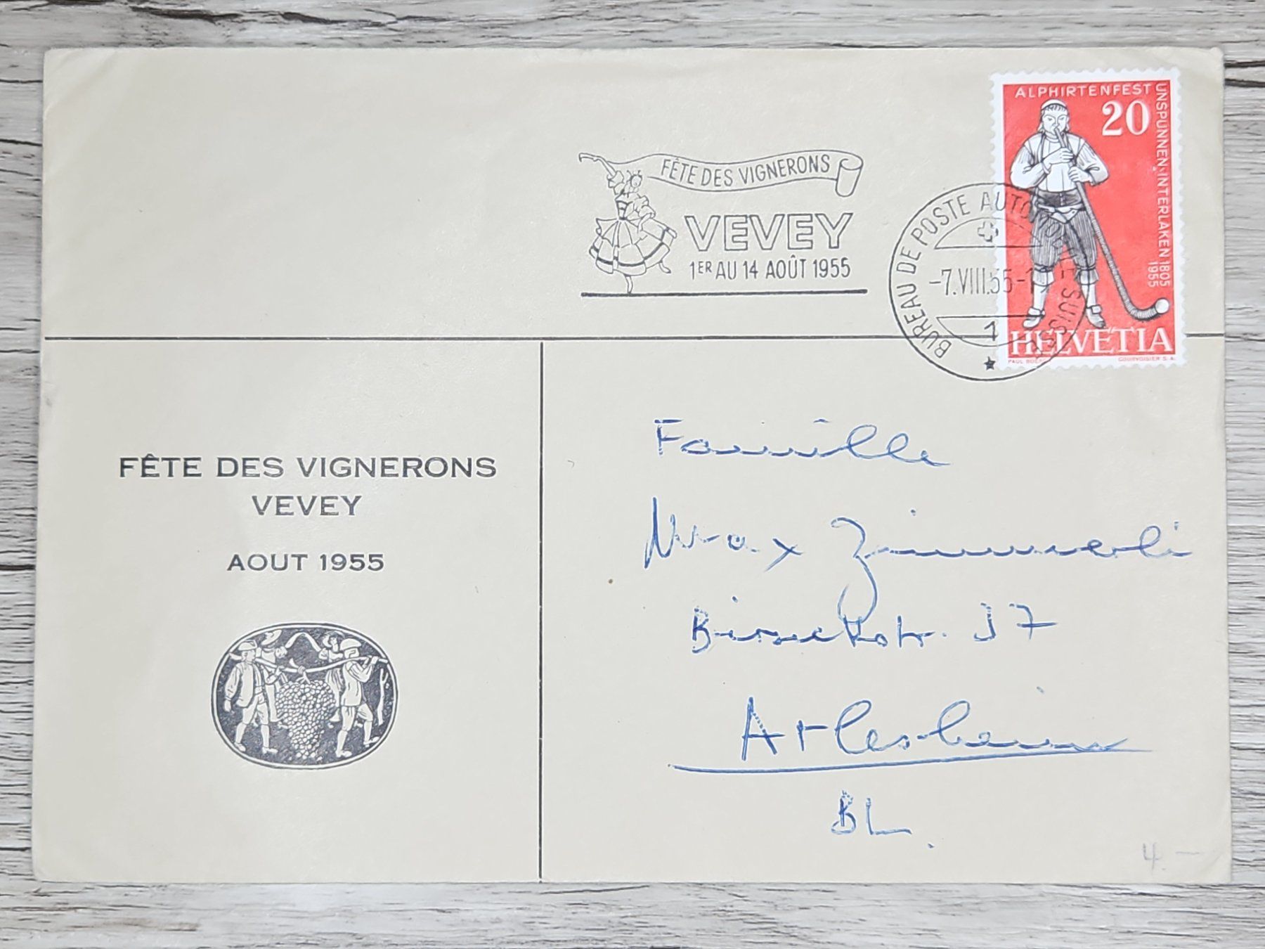 Alle Briefmarken: CL01 Enveloppe + Timbre Suisse 1955 – Gebraucht aus Cousset von Patrick_Collections