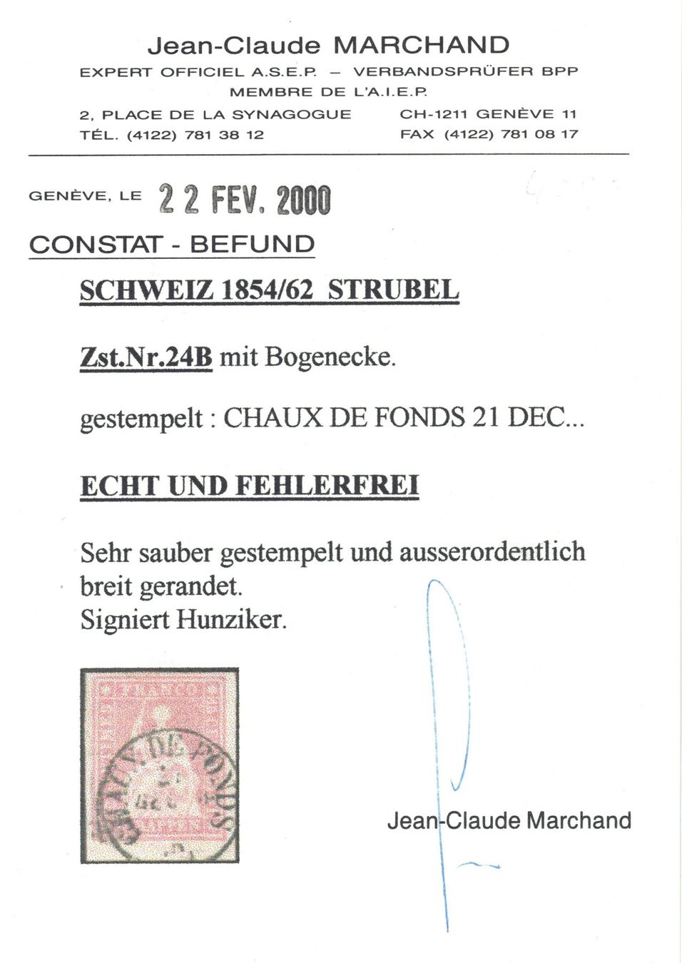 Tutti i francobolli: 24B Luxusstück mit Bogenecke allseits weissrandig Befund – Usato da St-Sulpice VD venduto da ME22 2