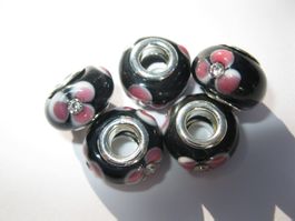 2 Grosslochperlen Glas Beads mit Blume und Strass