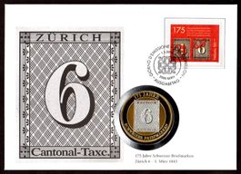 Münzbrief, Briefmarke Züri 6, Medaille vergoldet