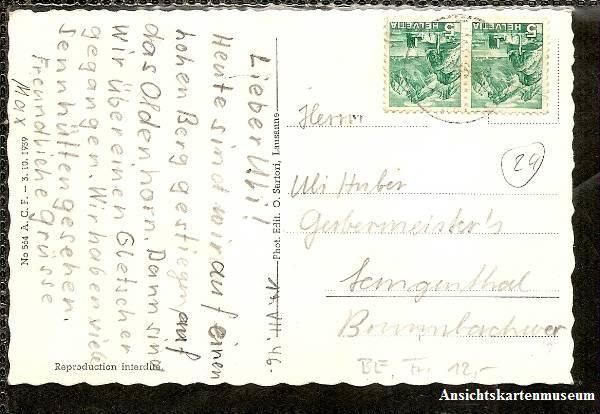 Cartoline postali: Gsteig - Dorfstrasse belebt + 1946 – Usato da Emmenbrücke venduto da teestube 1