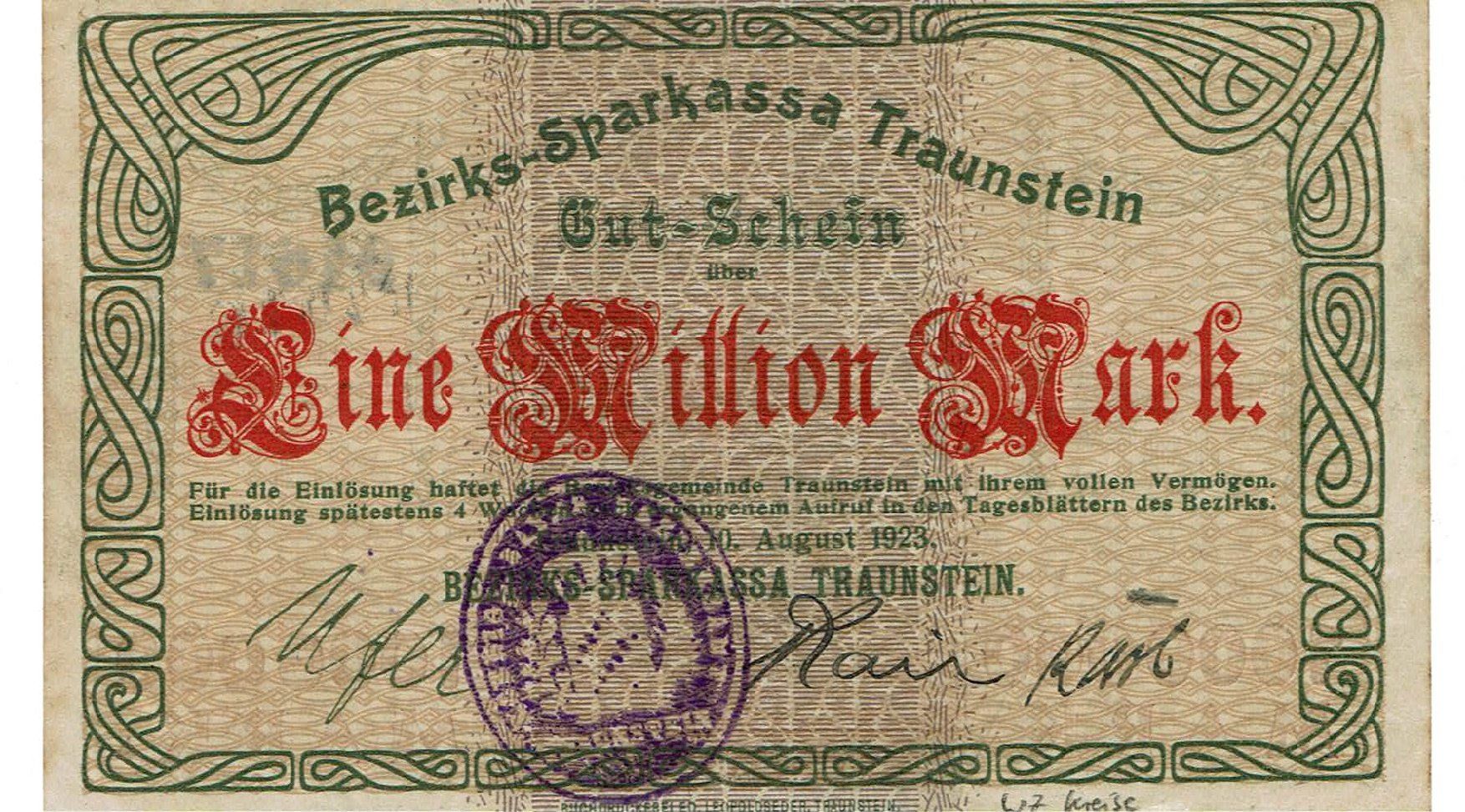 Banconote: Traunstein 1 Mil.Mark+Stempel 10.08.1923 SS++-VZ – Usato da Steffisburg venduto da ber_8htf