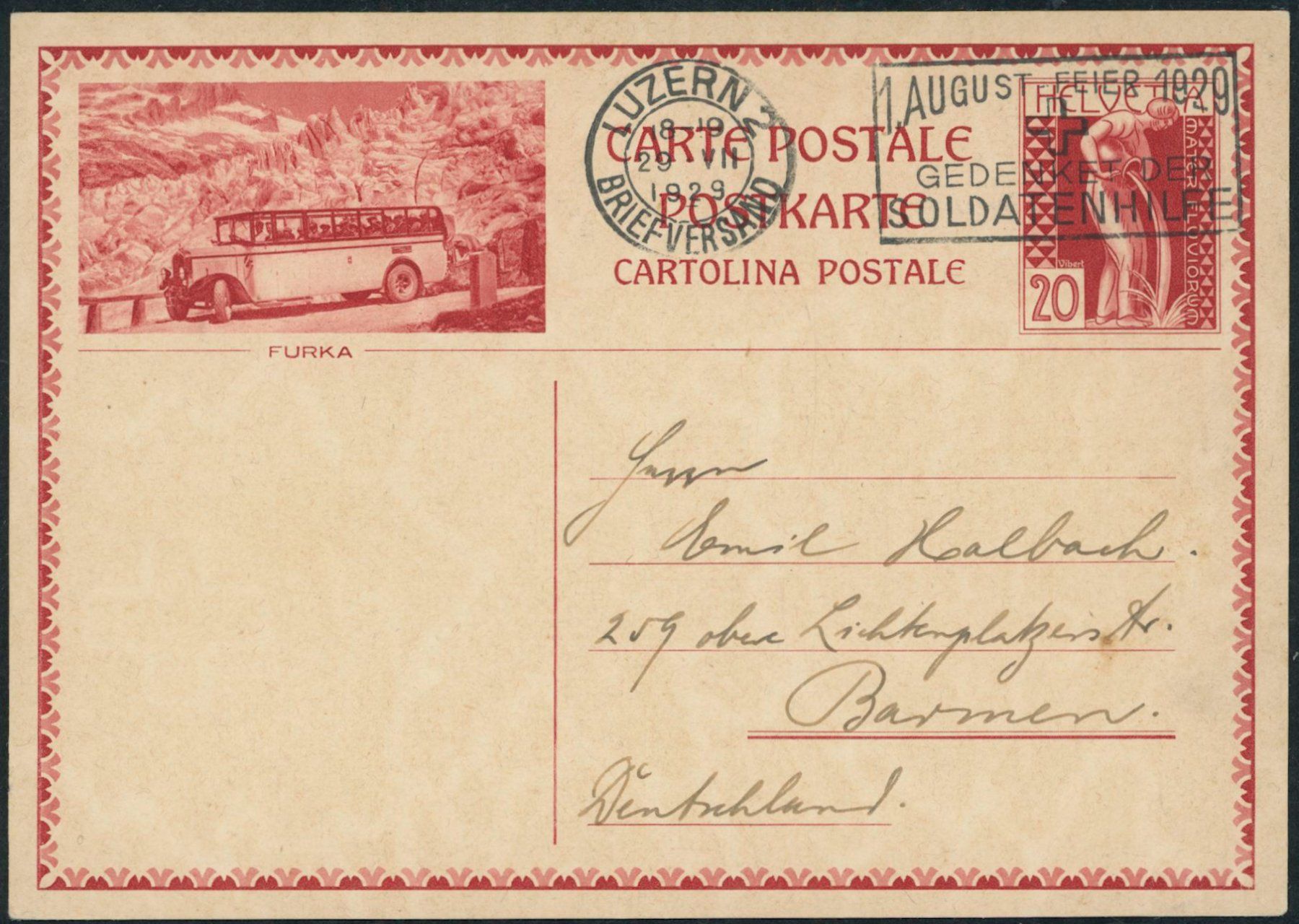 Alle Briefmarken: 1929 - Bildpostkarte - Postauto - Furka Pass - 1. August – Gebraucht aus Schindellegi von leecollect