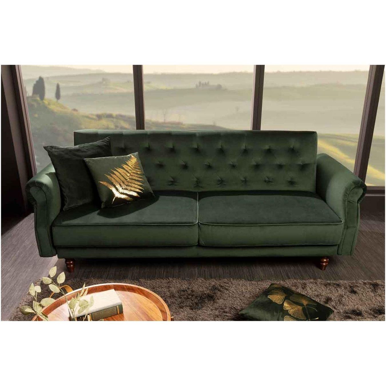 Sofas: Schlafsofa Chesterfield grün Samt 220cm – Neu und originalverpackt aus Winterthur von  1
