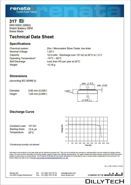 Caricatori & Batterie: Renata 317 Box, SR516SW Knopfzellenbatterie - 1 Stk. – Nuovo e nell'imballaggio originale da Erlenbach ZH venduto da dillytech.ch 3