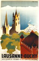 LAUSANNE-OUCHY CHATEAU CATHEDRALE 1936 Affiche originale