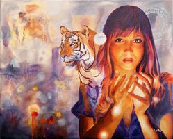 Gemälde Frau mit Tiger 40x50cm handgemalt Unikat