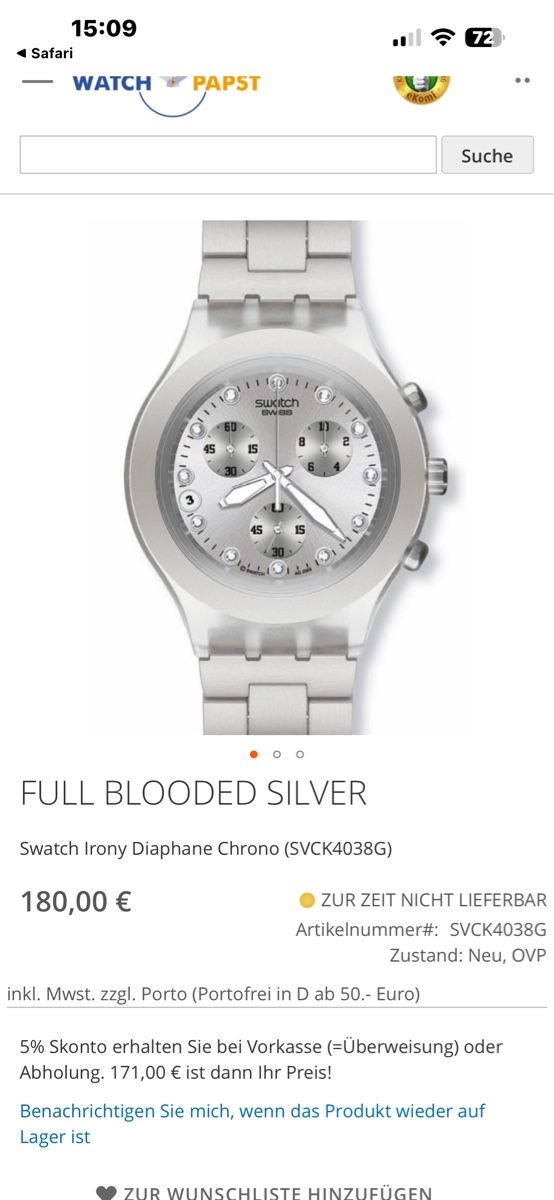 Swatch Orologi: FULL BLOODED SILVER  Swatch Irony Diaphane Chrono – Usato da Altendorf venduto da Quietwater
