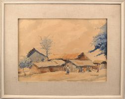 Aquarelle Burniaux. Village du Congo ?