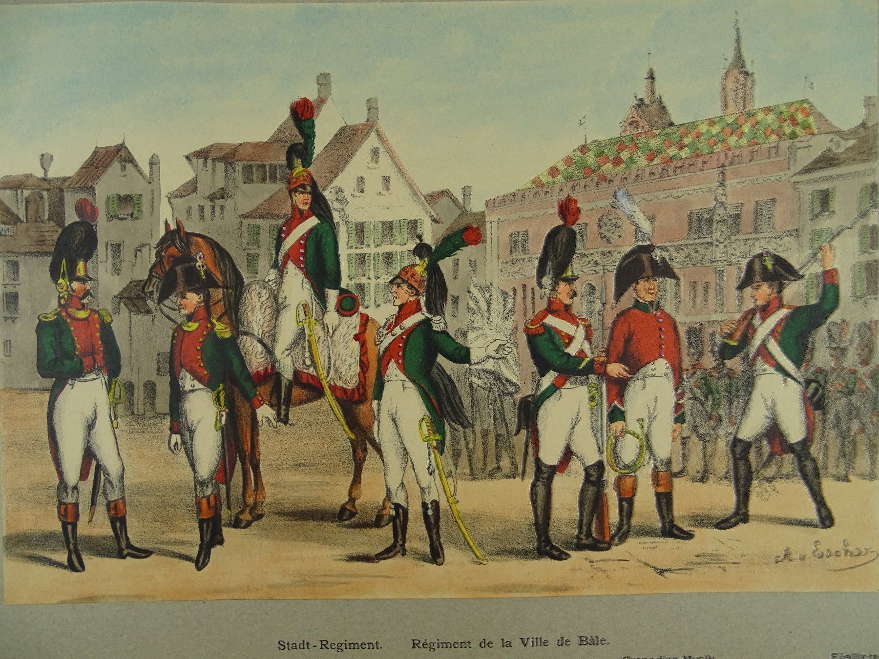 Grafiken & Lithographien: BASLER MILIZEN, LITHOGRAPHIE UM 1890 – Gebraucht aus Grüningen von Kartensammler 2