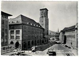 St. Gallen, Bahnhofplatz mit Trolleybus 1 Neudorf, gel. 1965