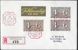 1943 R/Brief o ZH Block W15 + Nr. 258 Jubiläum Kleber ab 1.-